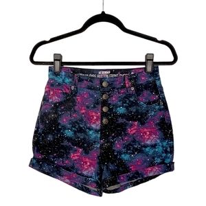 HOT TOPIC DENIM Galaxy Print Ultra Hi Rise Button Front Black Pink Purple Shorts